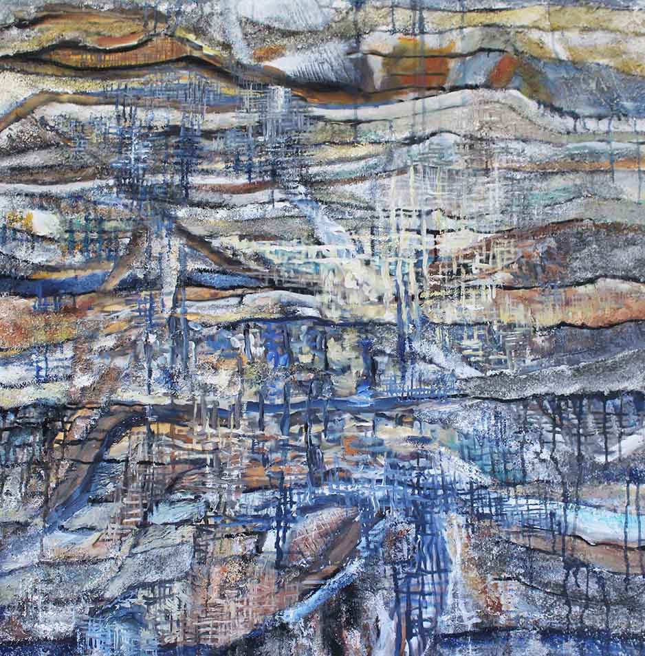 1.	„Erdgewebe“, 2019, Acryl/Spachtel/Sand/Leinwand, 100/100 cm